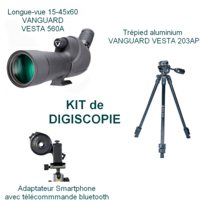 Kit Digiscopie avec longue vue 15-45x60 VESTA 560A + trépied VESTA 203AP + adaptateur photo smartphone bluetooth VANGUARD