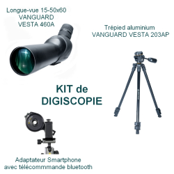 Kit Digiscopie avec longue vue 15-50x60 VESTA 460A + trépied VESTA 203AP + adaptateur photo smartphone bluetooth VANGUARD