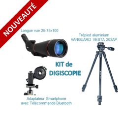 KIT Digiscopie avec longue vue 25-75x100 DIGITAL OPTIC + trépied VESTA 203AP + adaptateur photo smartphone VANGUARD