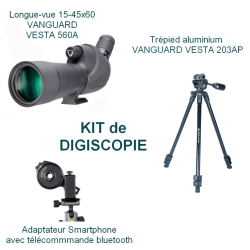 Kit Digiscopie avec longue vue 15-45x60 VESTA 560A + trépied VESTA 203AP + adaptateur photo smartphone bluetooth VANGUARD
